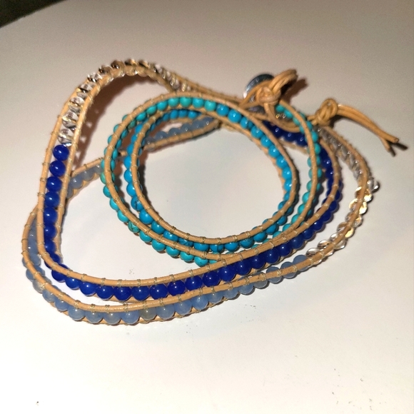 Victoria Emerson tan leather blue tones and clear beads - Picture 1 of 2